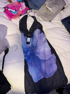 Fashion Nova Black & Purple Backless Halter Dress